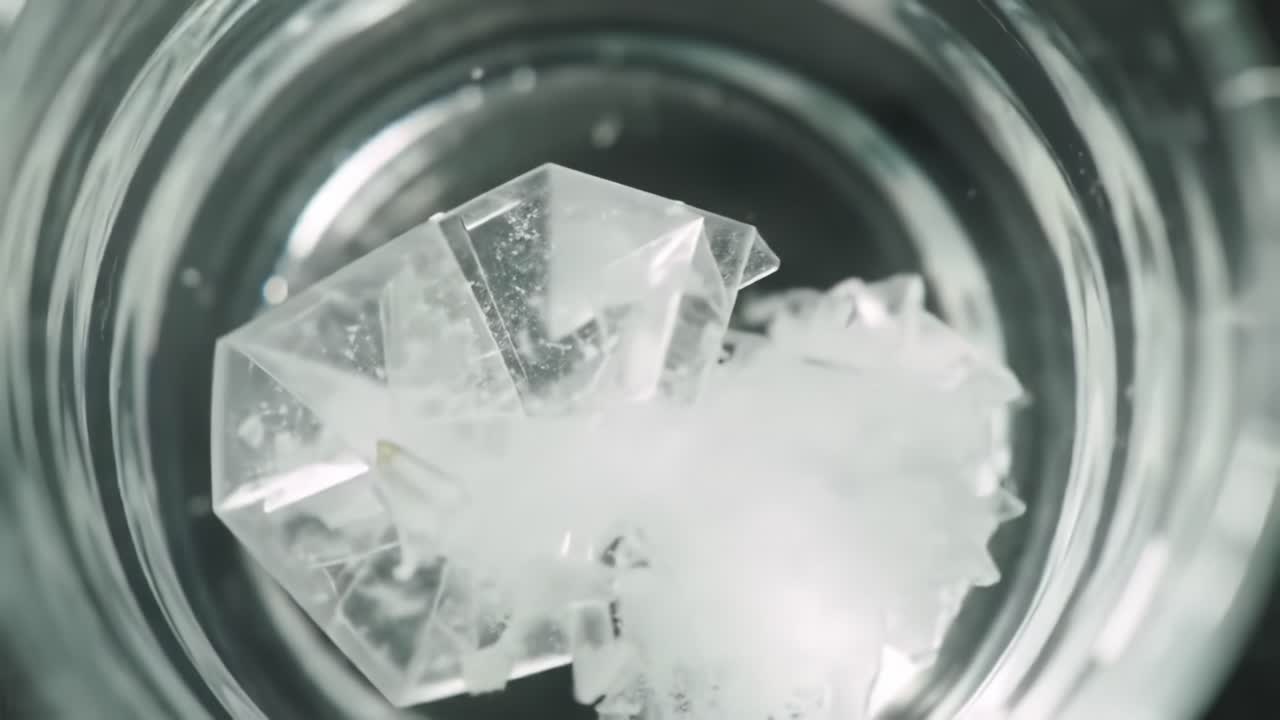 Detailed Close-Up of Crystal Structures Forming in a Glass Container, Showcasing The Intricate Patterns and Clear Reflections of Ice-like Fragments Interacting