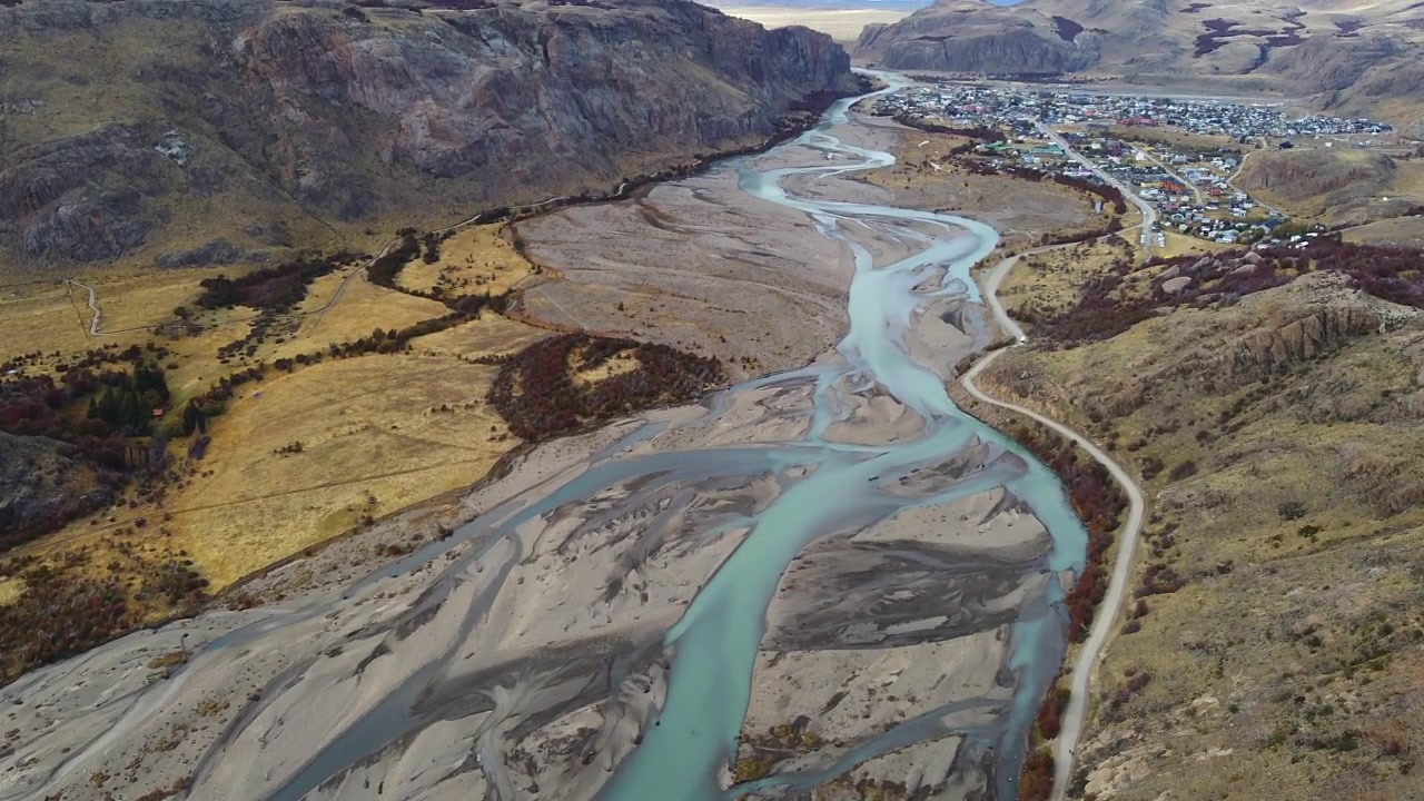 Bicisenda Hiking Trail Along The Las Vueltas River To The El Chalten Village In Santa Cruz Province, Argentina. - aerial shot