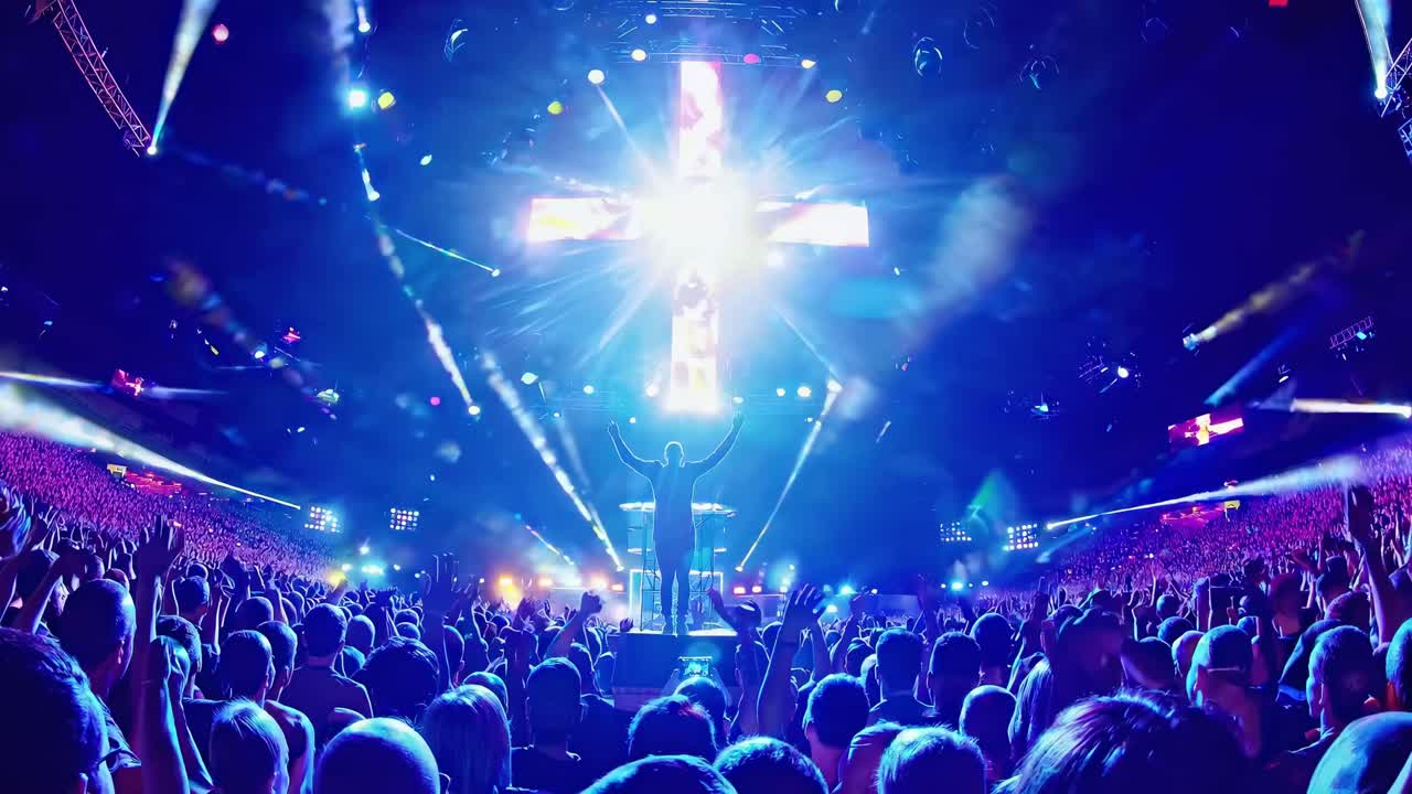 Scena di concerto dinamica con una ripresa dal basso di un artista sul palco, con le braccia alzate.