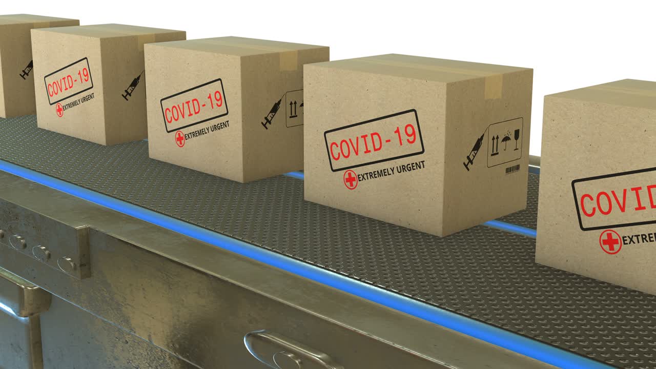 코로나19 백신: 컨베이어 벨트 시스템으로 운반되는 거대한 양의 패키지, 매장 안에서 움직이는 아름다운 카드보드 상자, 루프 3d 애니메이션, 배달 개념, 스 비디오