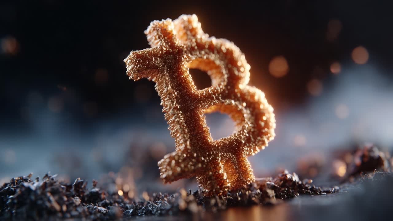 A Glimmering Bitcoin Symbol Emerging from a Dark, Textured Surface, Highlighting the Interplay of Light and Shadow in a Digital Currency Concept