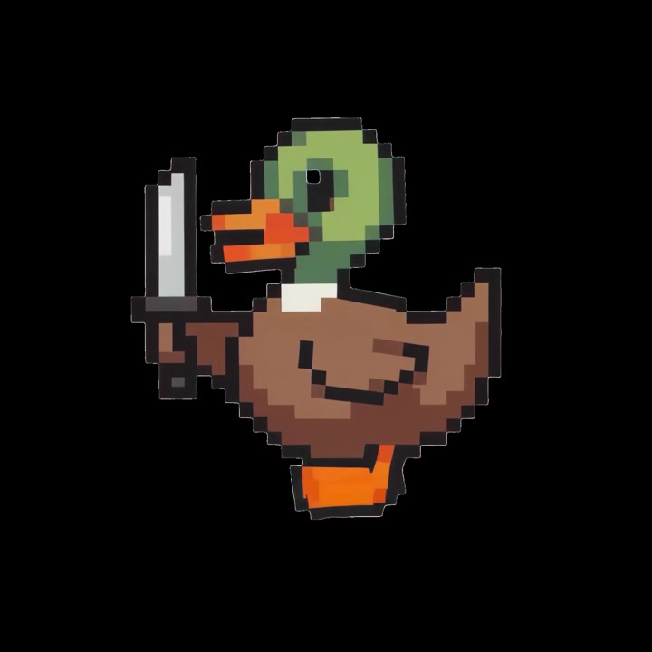 Anatra in pixel art che cammina mentre tiene un coltello