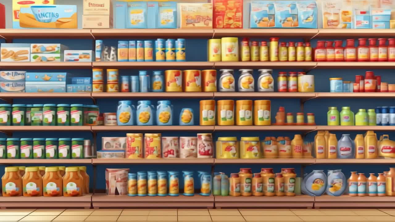 Inquadratura grandangolare di un corridoio colorato di un supermercato, che mostra prodotti ordinatamente disposti sugli scaffali.