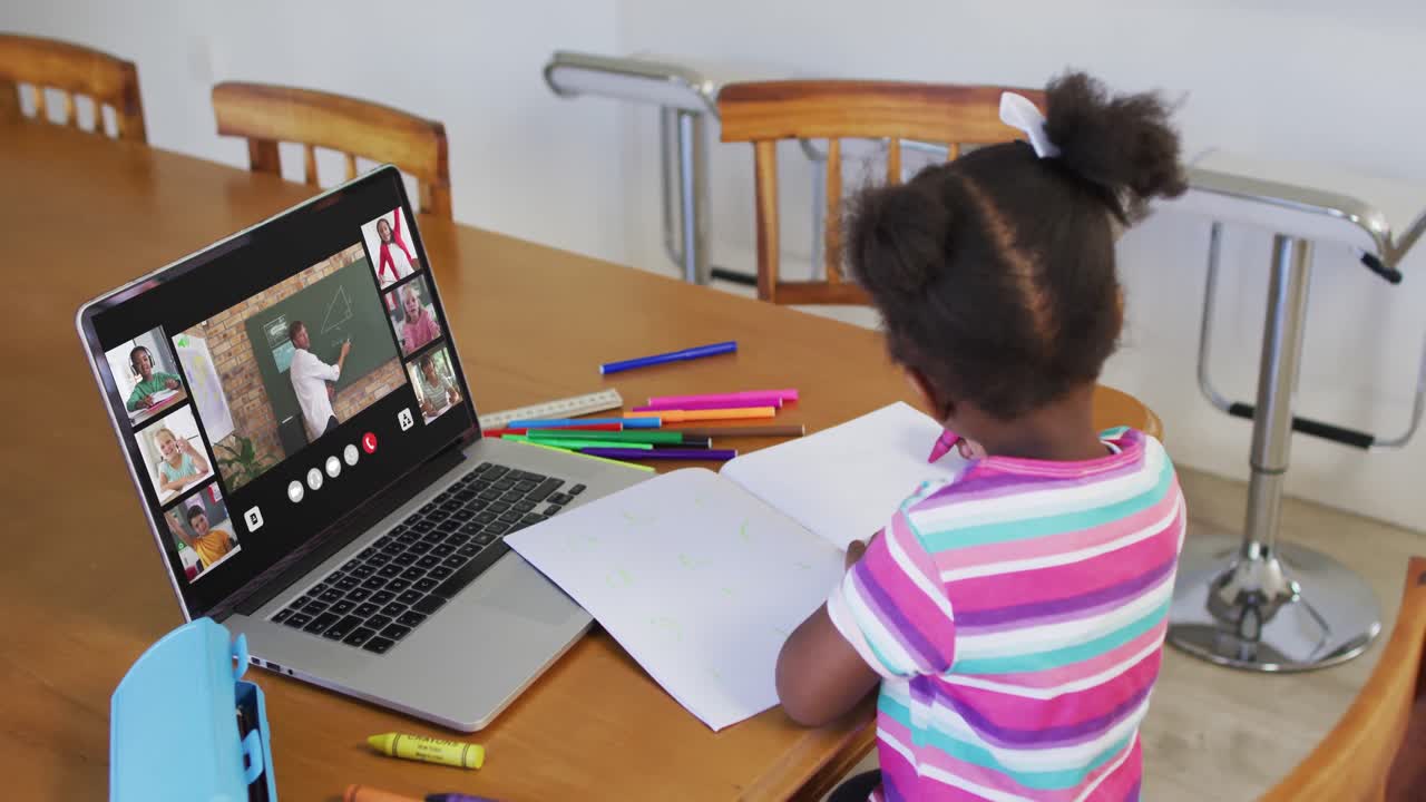 Schoolgirl using laptop for online lesson at home, with diverse teacher and class on screen