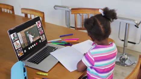 Schoolgirl-using-laptop-for-online-lesson-at-home,-with-diverse-teacher-and-class-on-screen