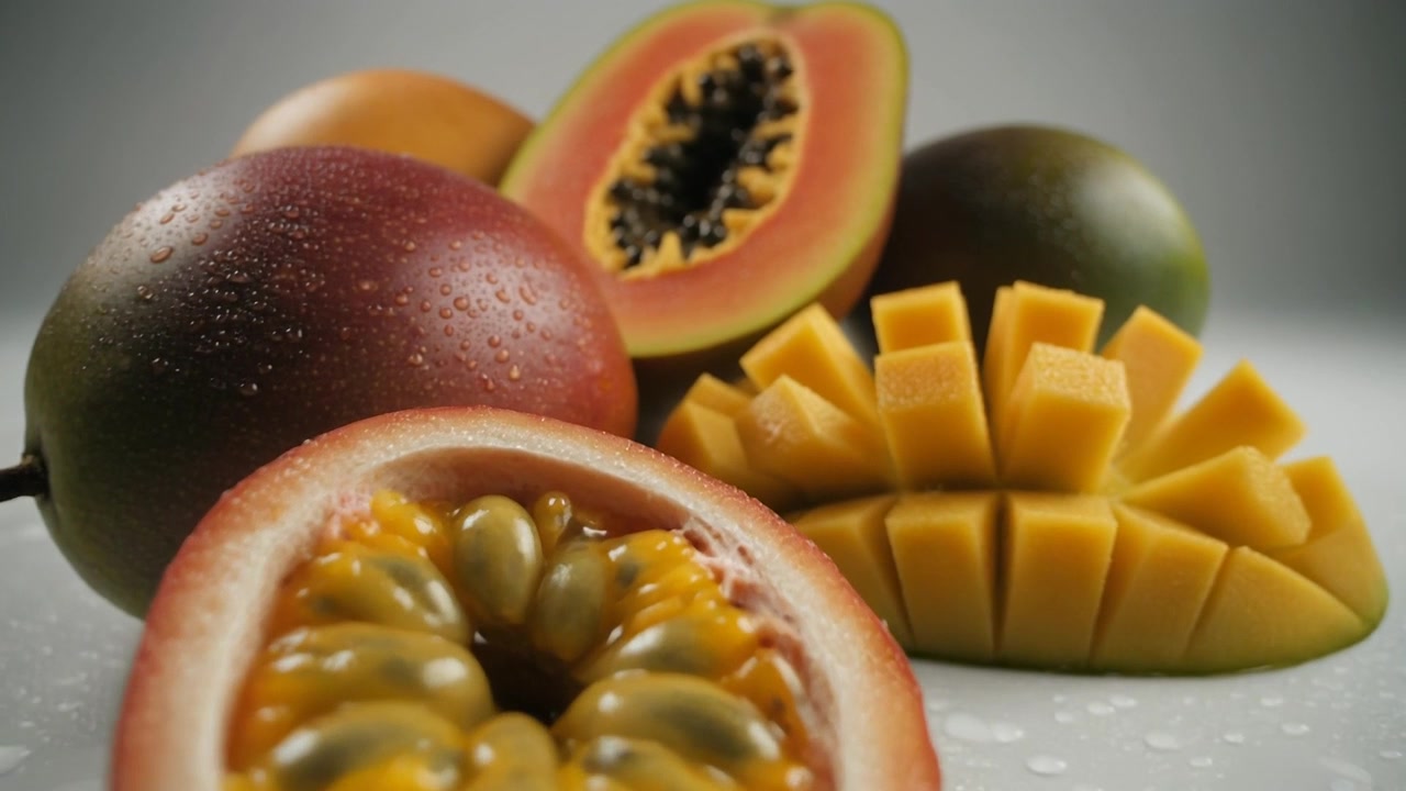 Frutta tropicale assortita tra cui mango, papaya e frutto della passione