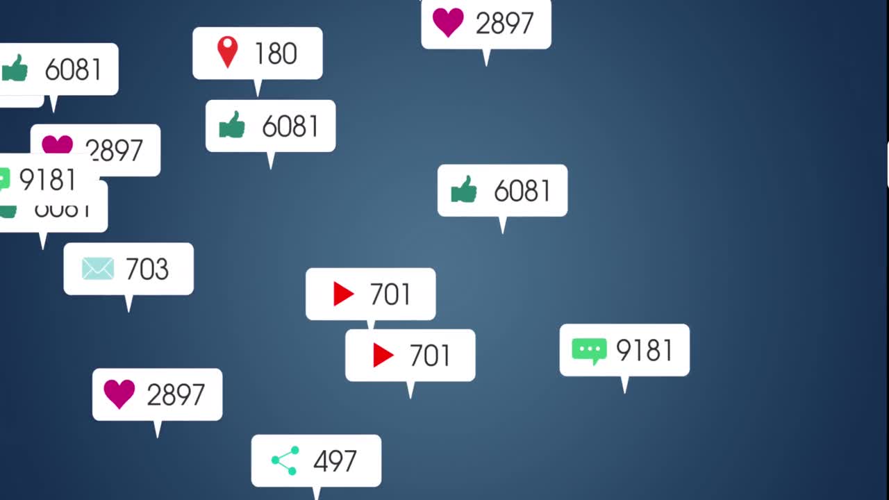 파란색 배경에 떠다니는 소셜 미디어 아이콘의 애니메이션