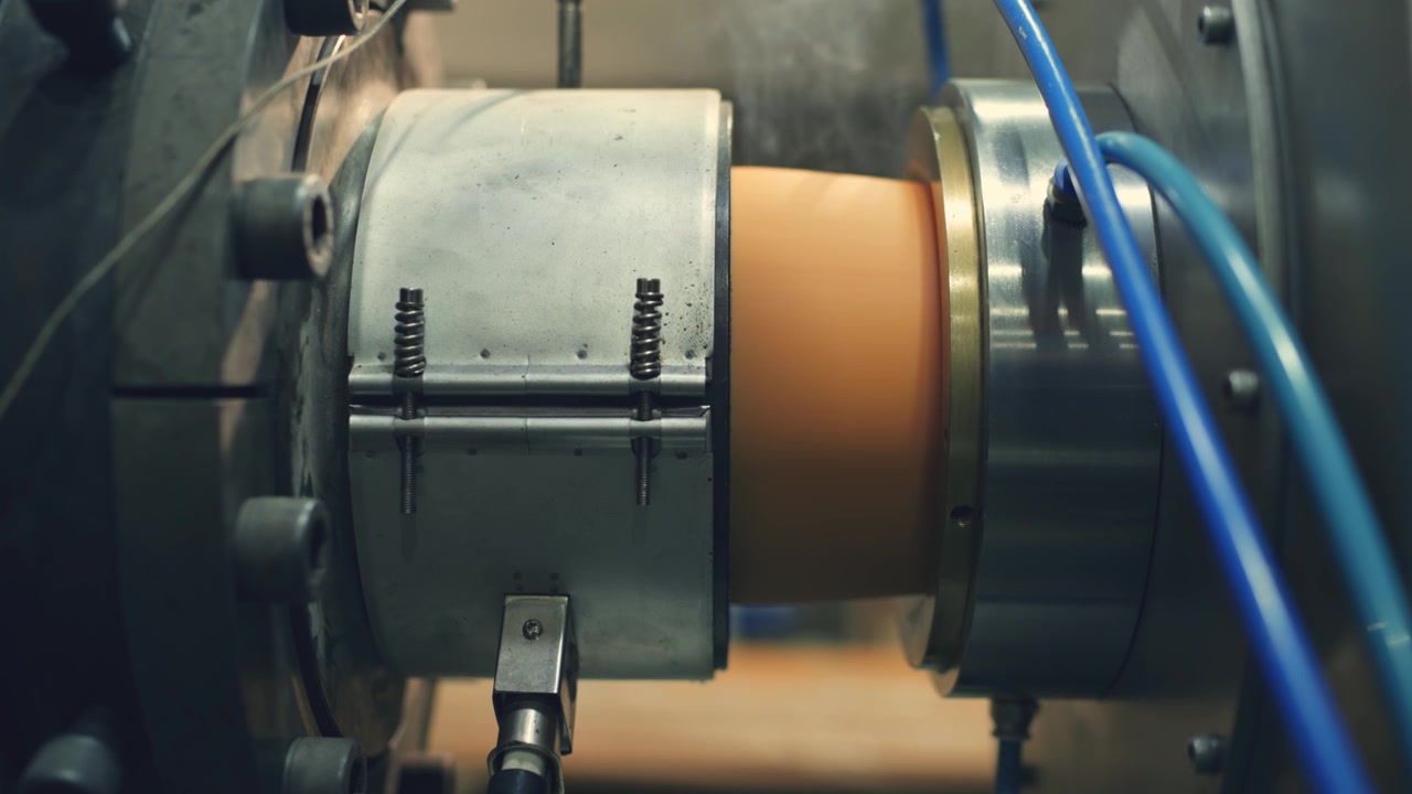 Cinematic macro zoom focusing on high-heat plastic extrusion inside a machine producing industrial PVC piping at a Pakistani factory.