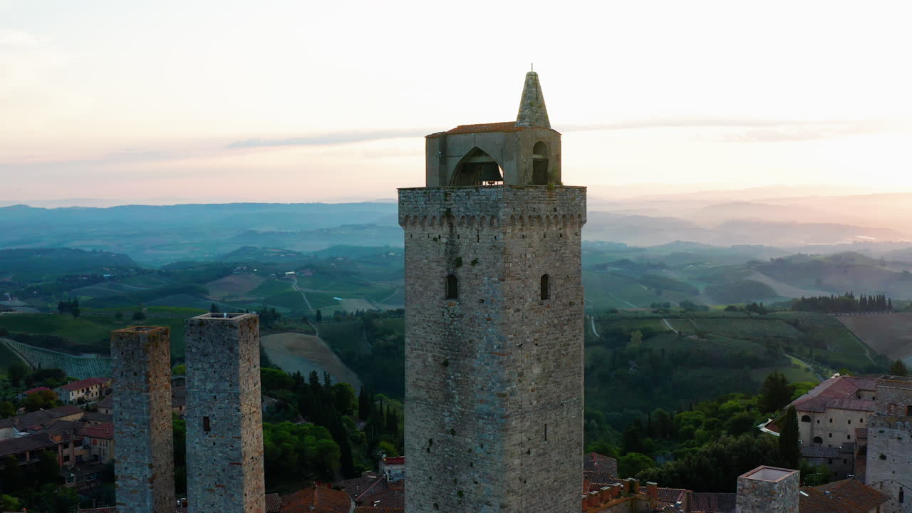 Aerial View of San Gimignano Towers at Sunset