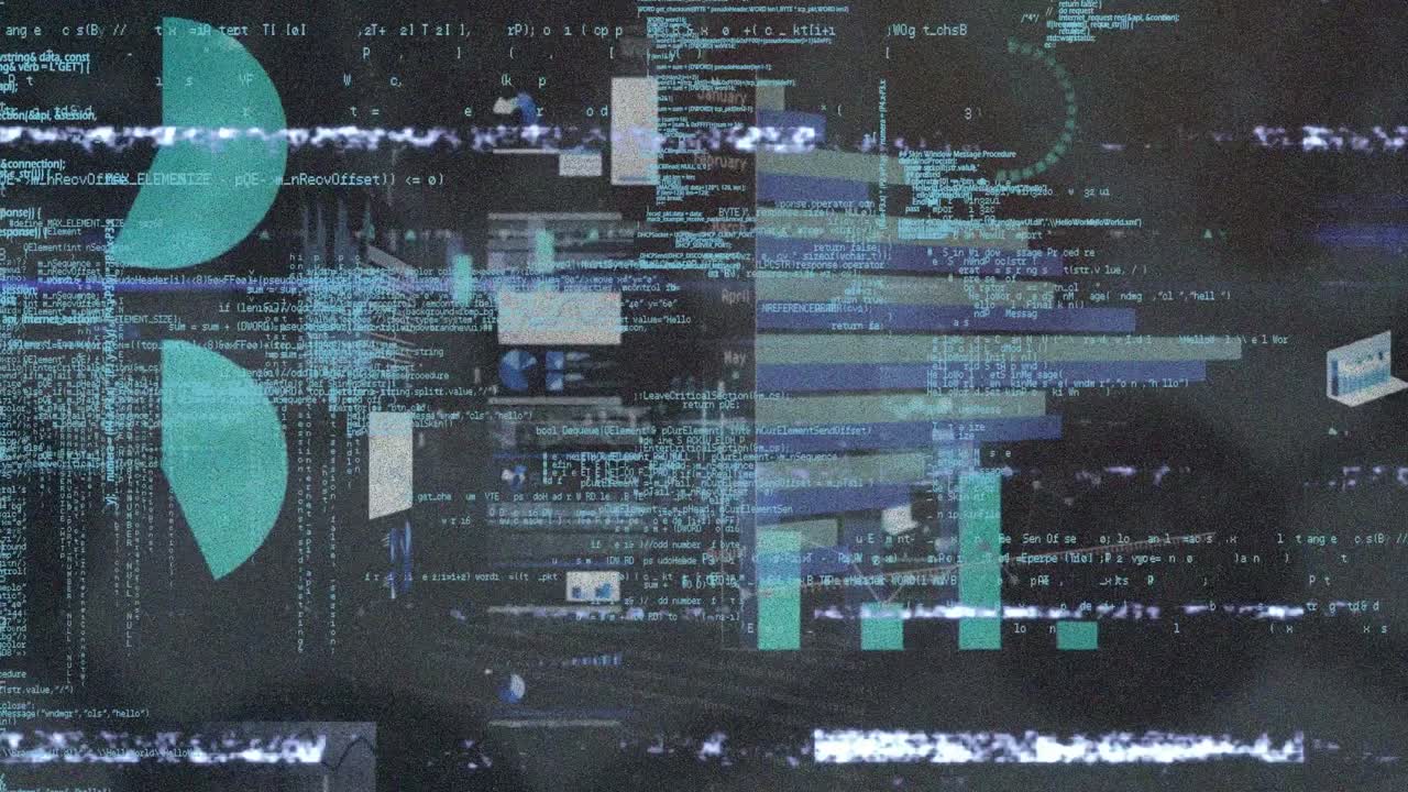 Animation of glitch effect over screens with statistical data processing against grey background