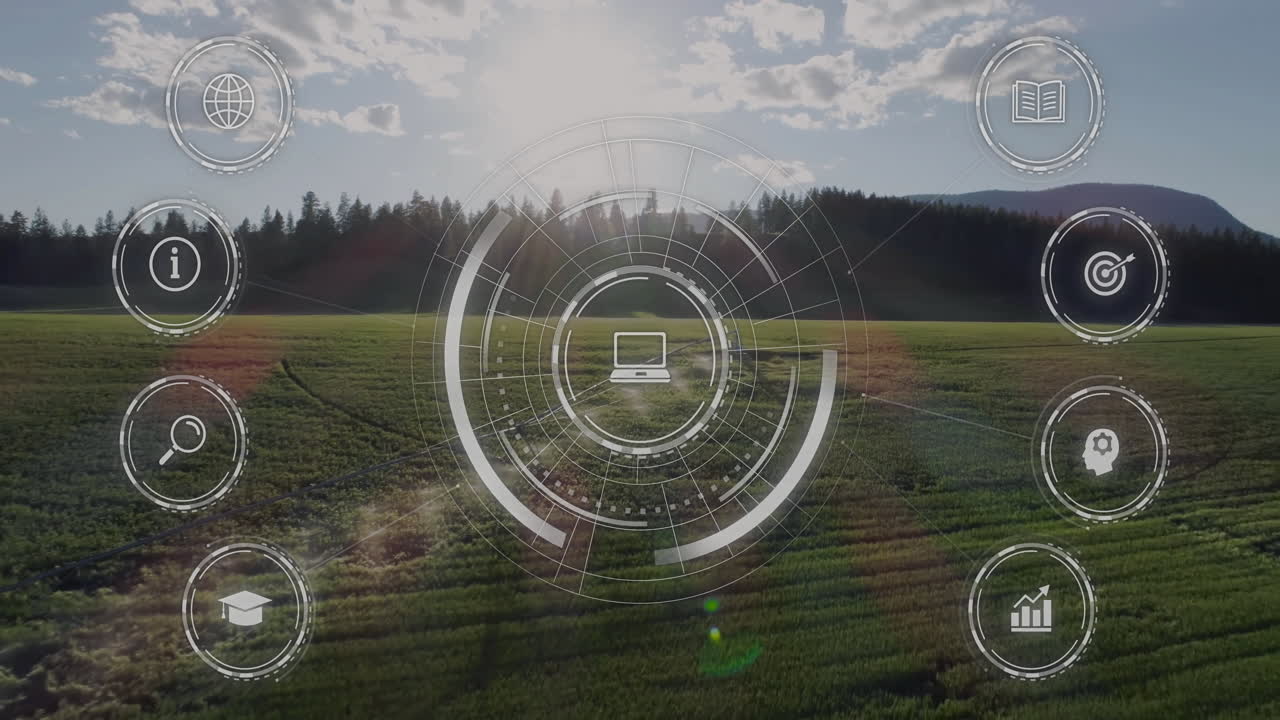Animation of digital interface icons floating over green field with trees and sky