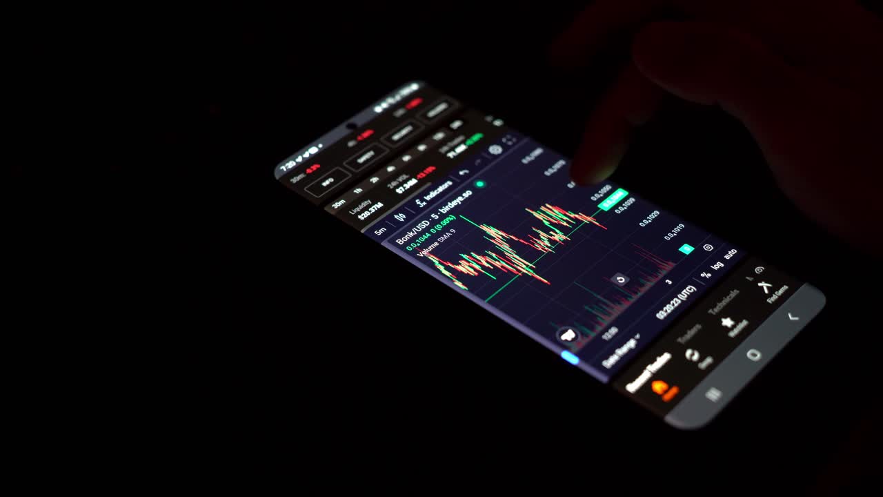 persona desplazándose a través de gráficos de criptomonedas en un teléfono inteligente en un entorno oscuro
