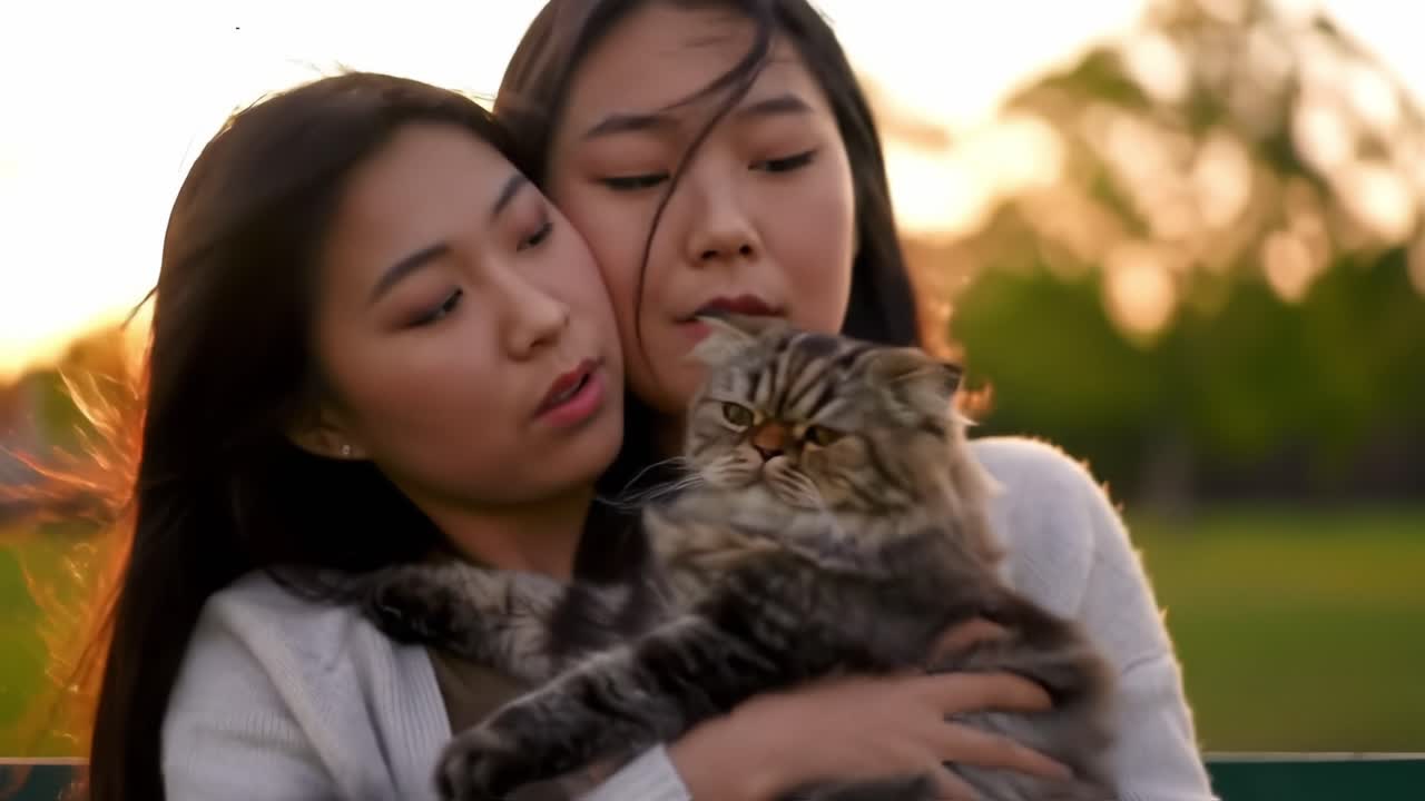 Two Women Embrace a Playful Cat in a Serene Sunset Park Setting, Creating a Heartwarming Moment Filled with Love and Connection
