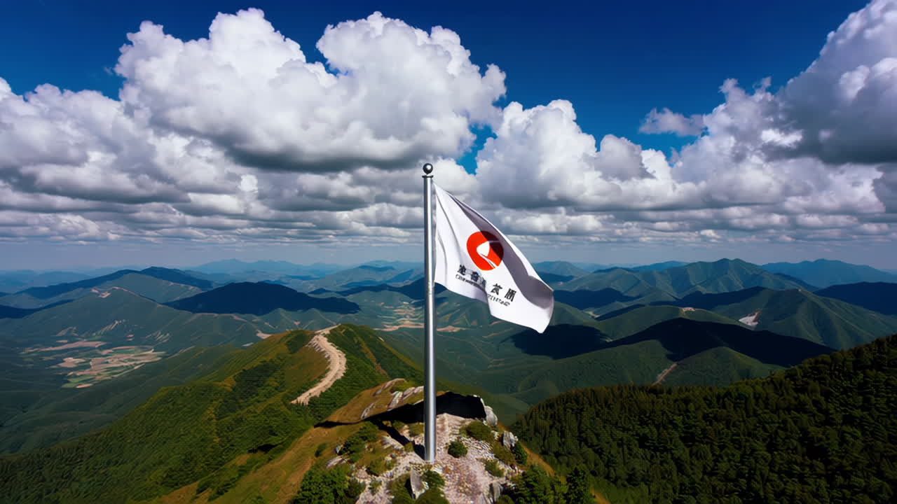 Japanese flag on mountain top