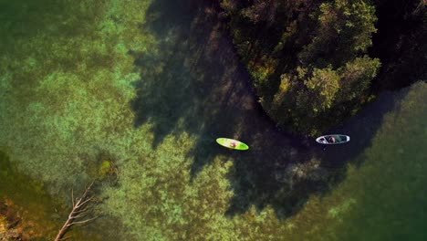 filmed from above this drone video shows two people paddle boarding on antu sinijarv with vibrant lake colors green forest and open blue sky forming a peaceful summer adventure scene