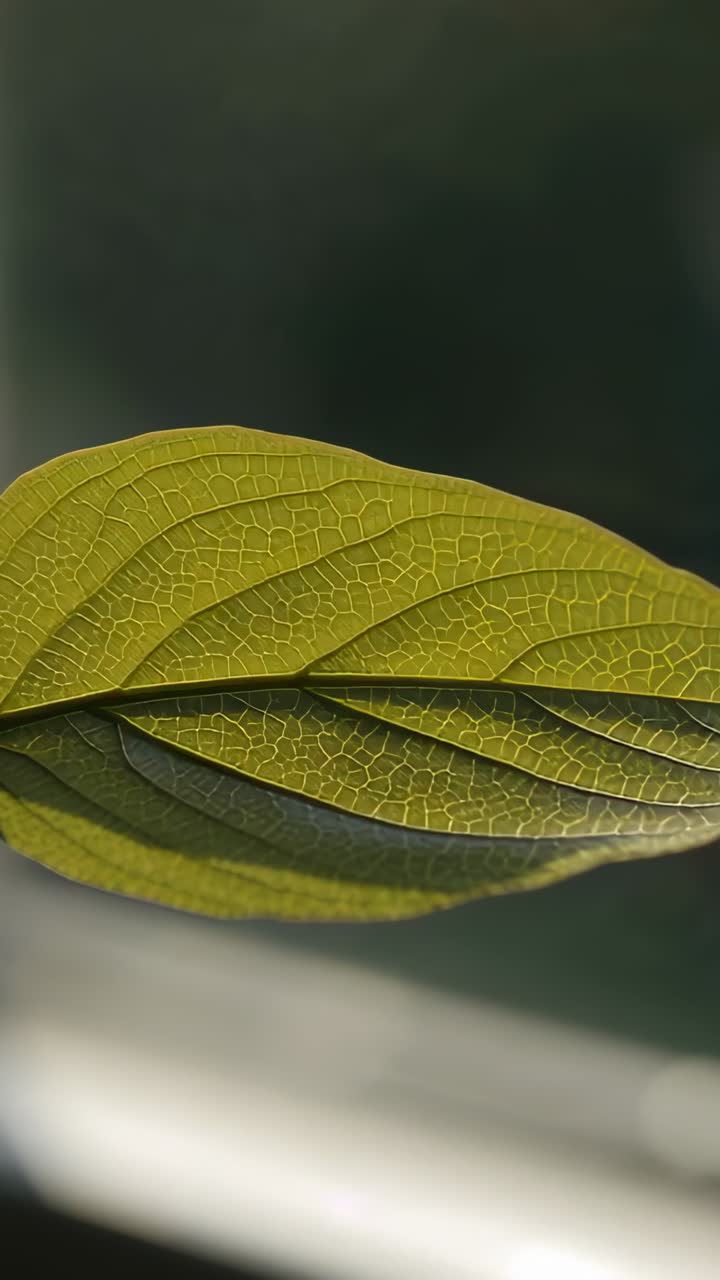 Swaying single green-yellow leaf revealing venation in outdoor macro view, with soft backlighting