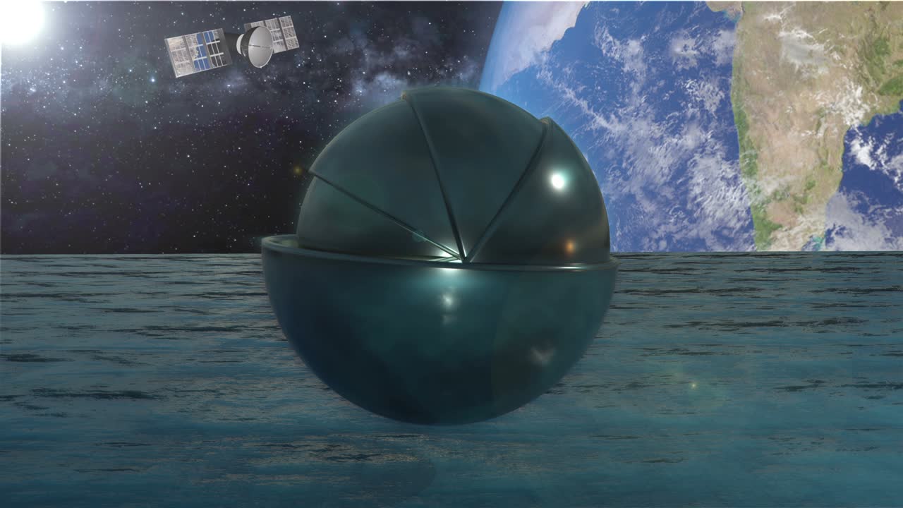 달 표면의 미래 로, 외계 기술의 개념, 배경에 위성이 있는 지구 행성.