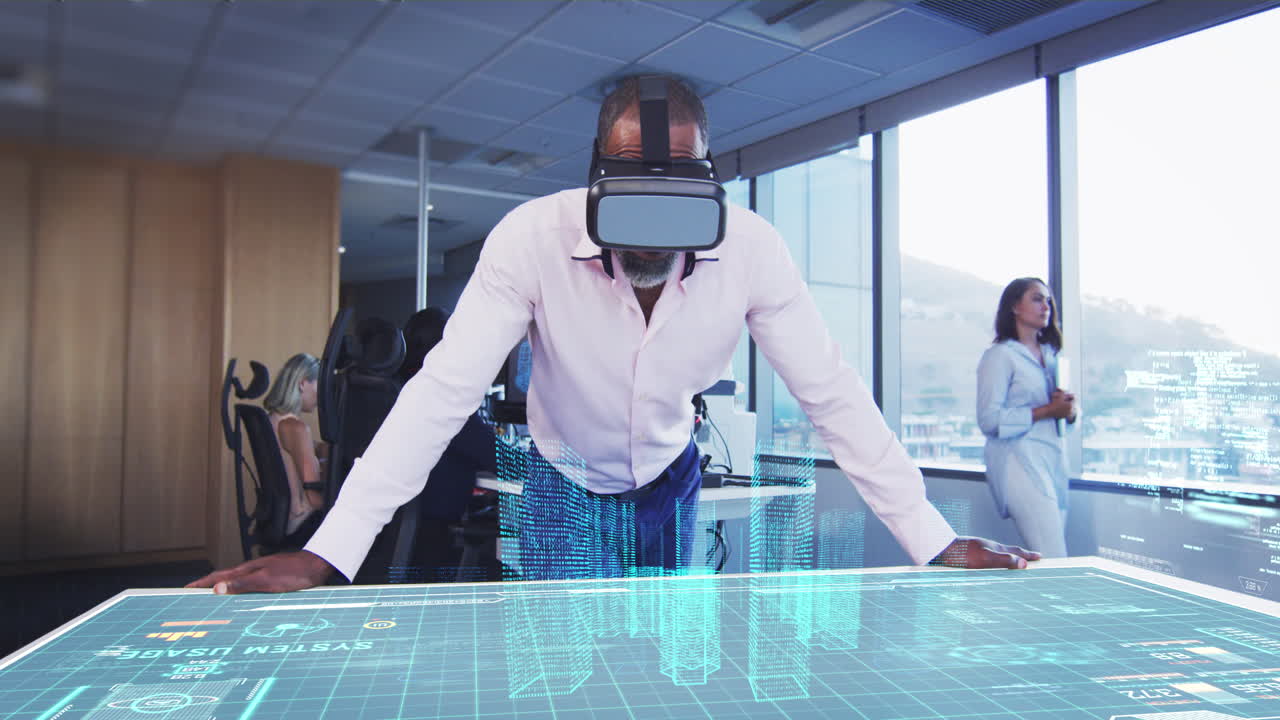 Animation of a businessman wearing a VR headset with a 3d plan on a table