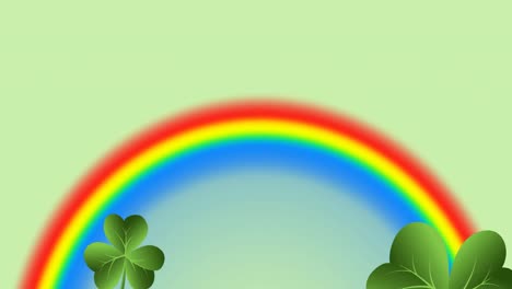 animation of multiple clover leaves falling over rainbow on green background