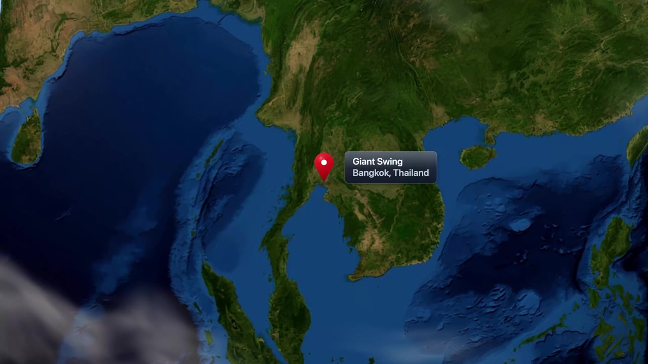 Satellite view zooms from rotating planet Earth to Giant Swing landmark in Bangkok Thailand. Includes NASA public domain imagery.