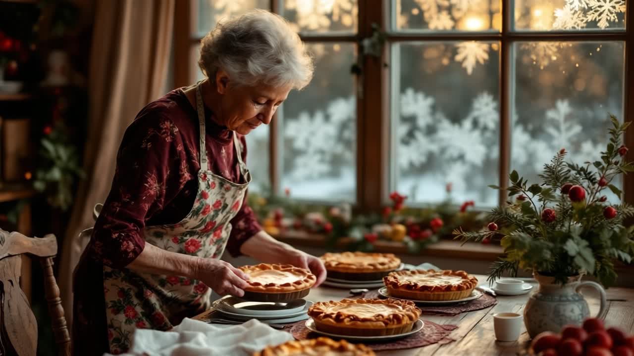 Elderly Woman Arranging Homemade Pies on a Festive Winter Table