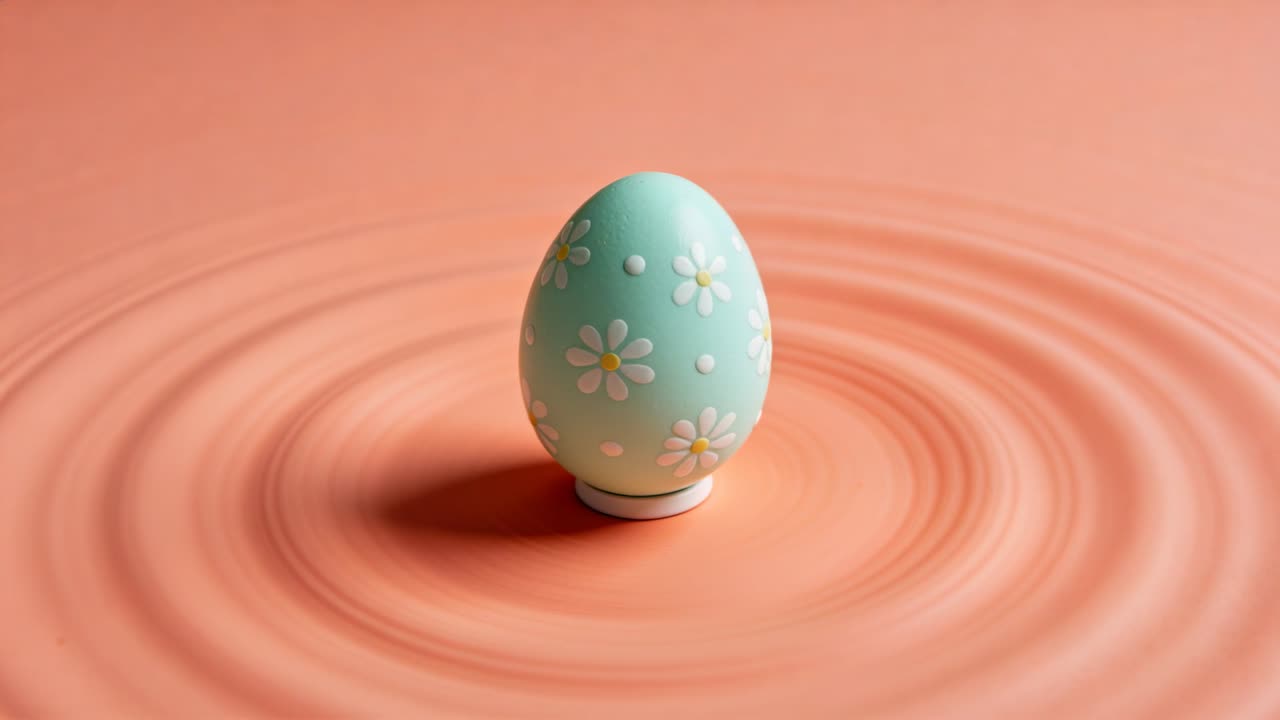 Rippling rings causing mint egg swaying, tilting on peach table, with white stand and daisy motifs