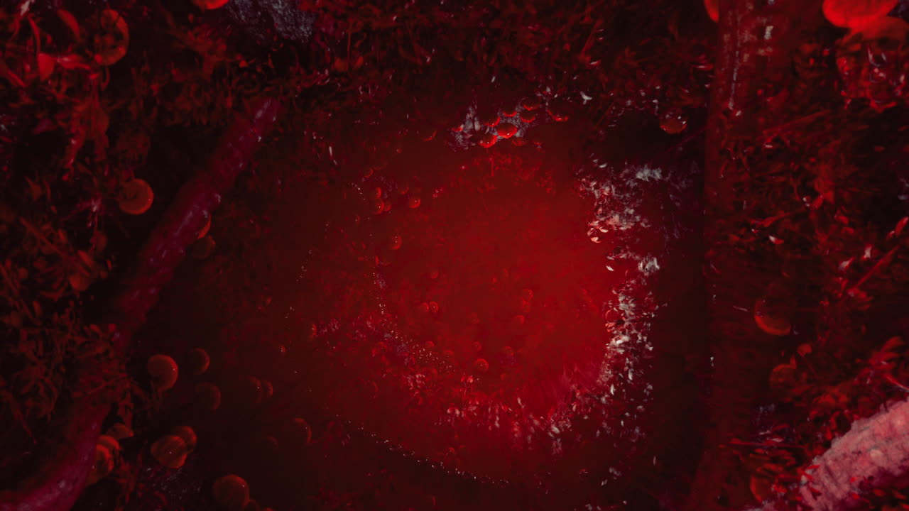 Mystical red landscape with glowing elements in an otherworldly setting