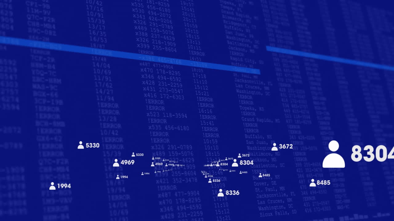 Animation of digital data over blue financial numbers background in school setting