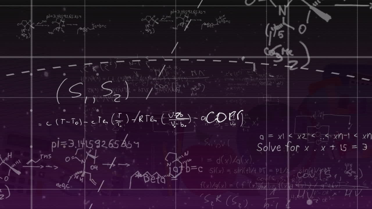 animación de ecuaciones matemáticas y líneas sobre fondo púrpura