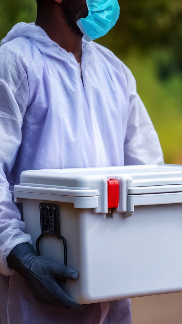 Zdravotník v ochranném oblečení, který nese kontejner s biologickým nebezpečím pro bezpečnou přepravu lékařských vzorků nebo preparátů do laboratoře k testování a analýze.