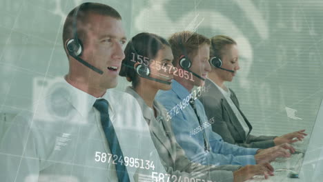 animation of digital icons with numbers changing over business people using phone headsets