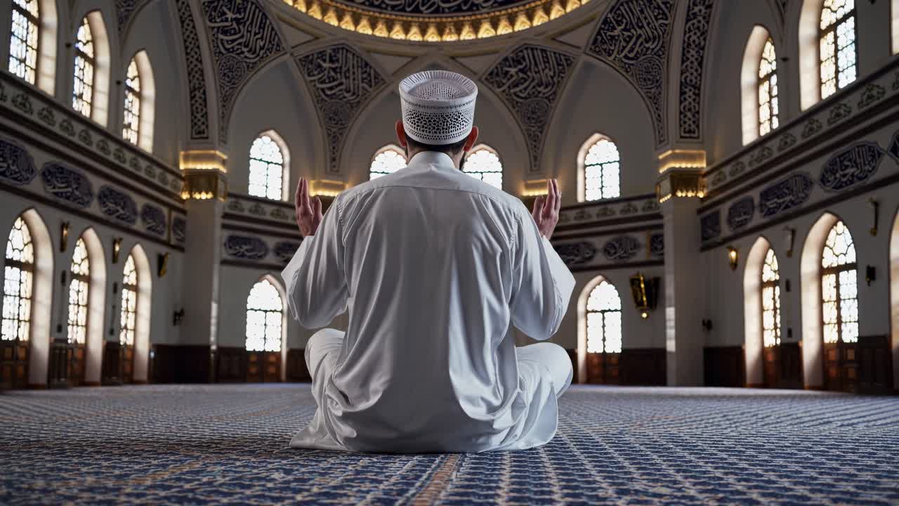 Il video cattura un sereno momento di preghiera in una grande moschea, enfatizzando la spiritualità.