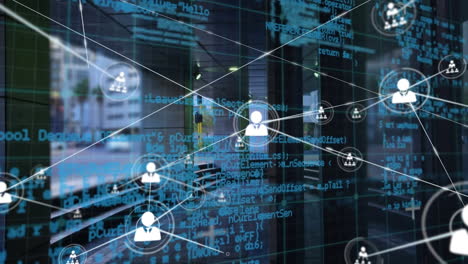 animazione della rete di connessioni con icone e elaborazione dei dati sul paesaggio urbano