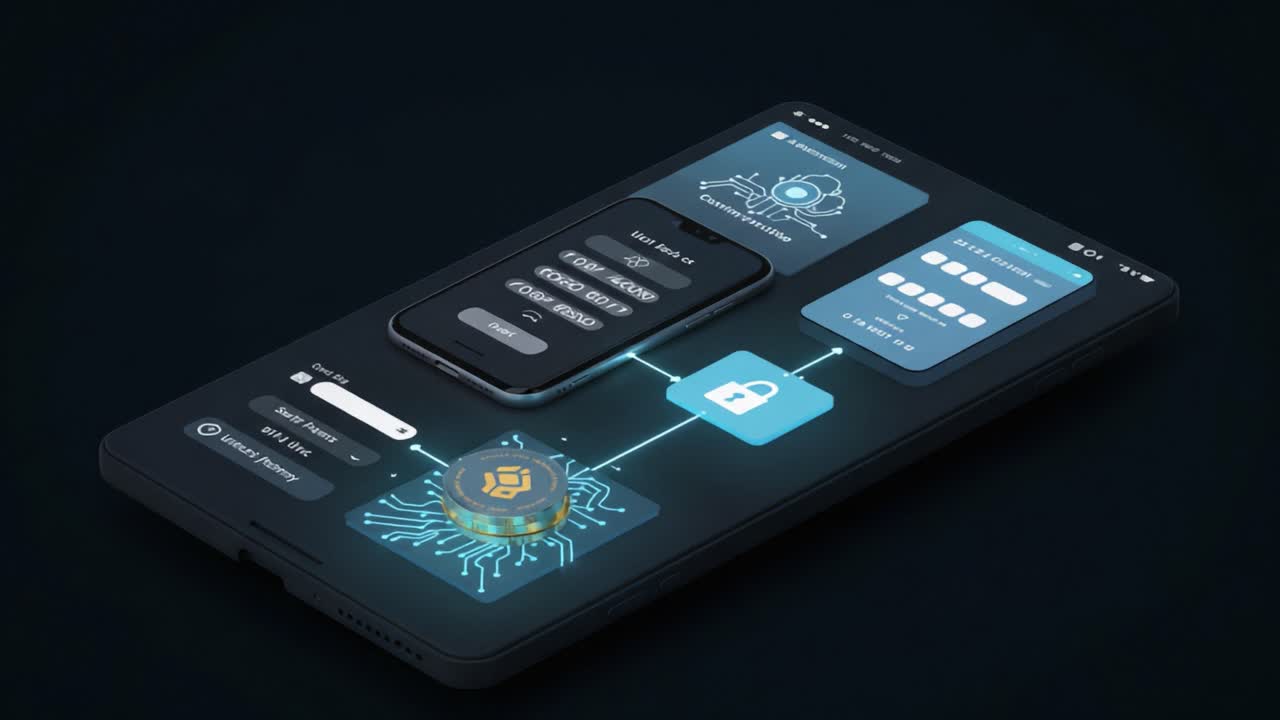 Futuristic Digital Interface Displaying Cryptocurrency Transactions and Security Features on a Smartphone Screen in a High-Tech Environment