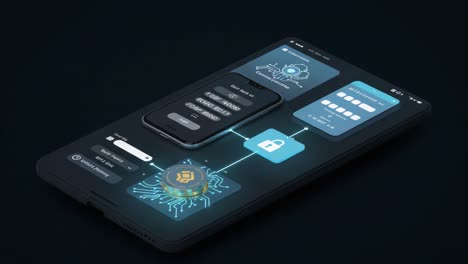 futuristic digital interface displaying cryptocurrency transactions and security features on a smartphone screen in a high-tech environment