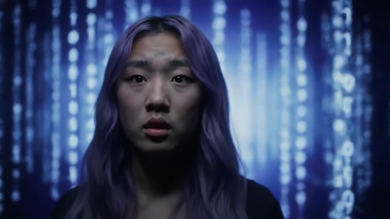 A young woman stands in front of a mesmerizing digital backdrop that embodies a blend of technology and emotion, captured in two striking frames of expressive introspection