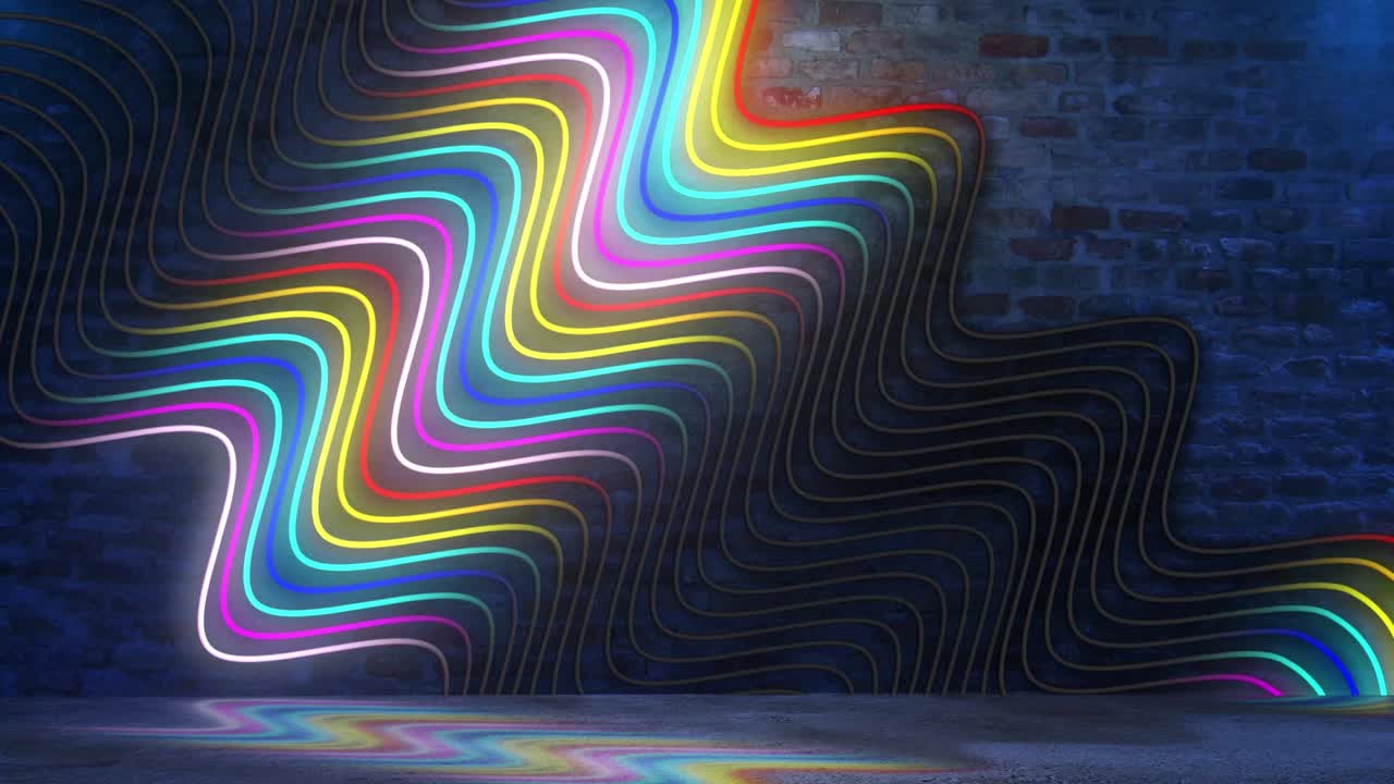 Neon Lights Zigzag Pattern on Brick Wall