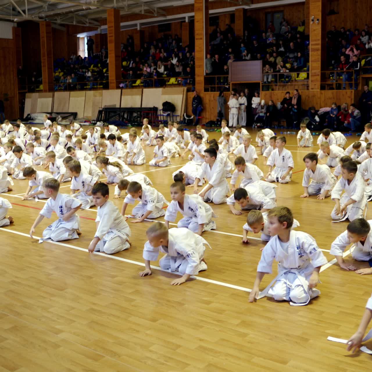 Karate trainees sitting on the floor and doing the bows. Young sportsmen stand up and stand in rows. Audience at backdrop