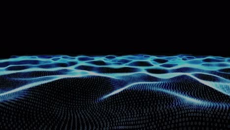 animation of binary coding over blue digital wave against black background