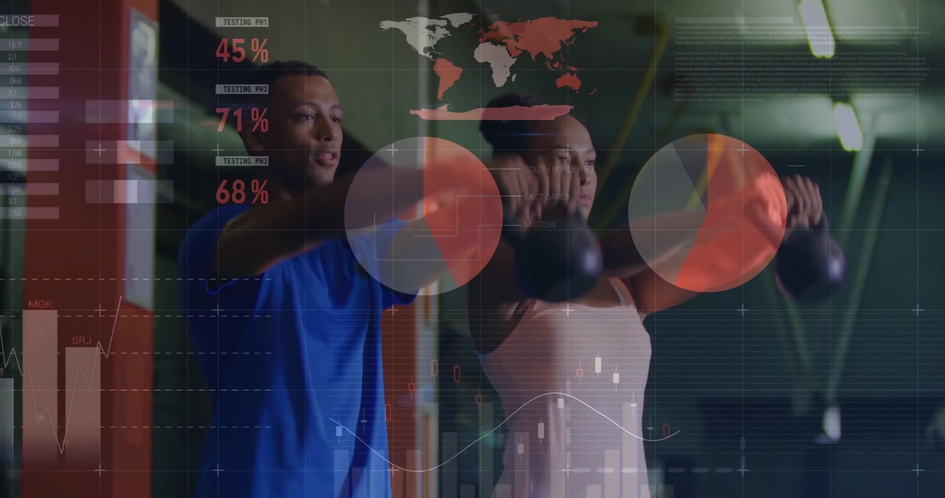 Two partners breathing then performing synced kettlebell swings in gym, HUD charts tracking reps %