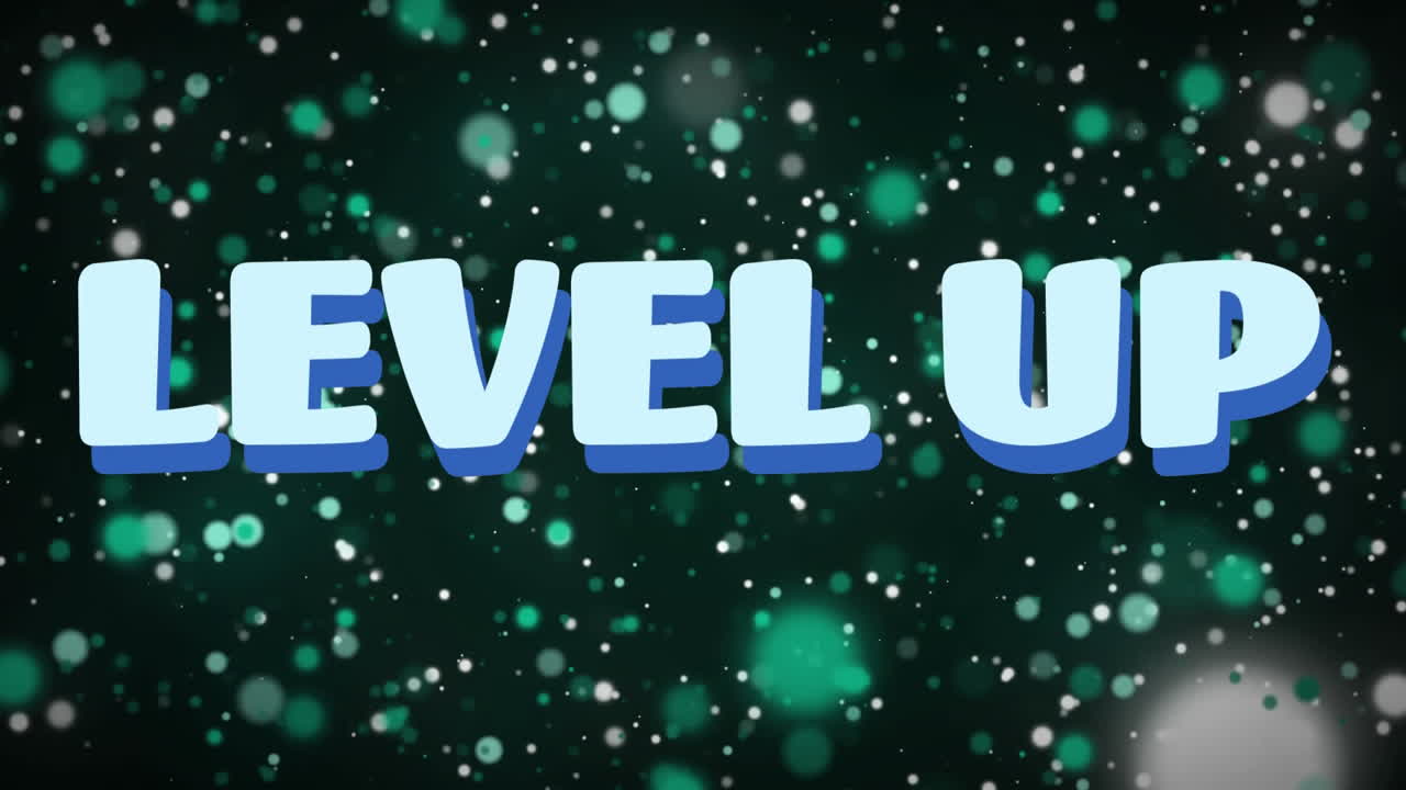 검은 바탕에 빛의 초록색 반점에 대한 레벨 업 텍스트의 디지털 애니메이션