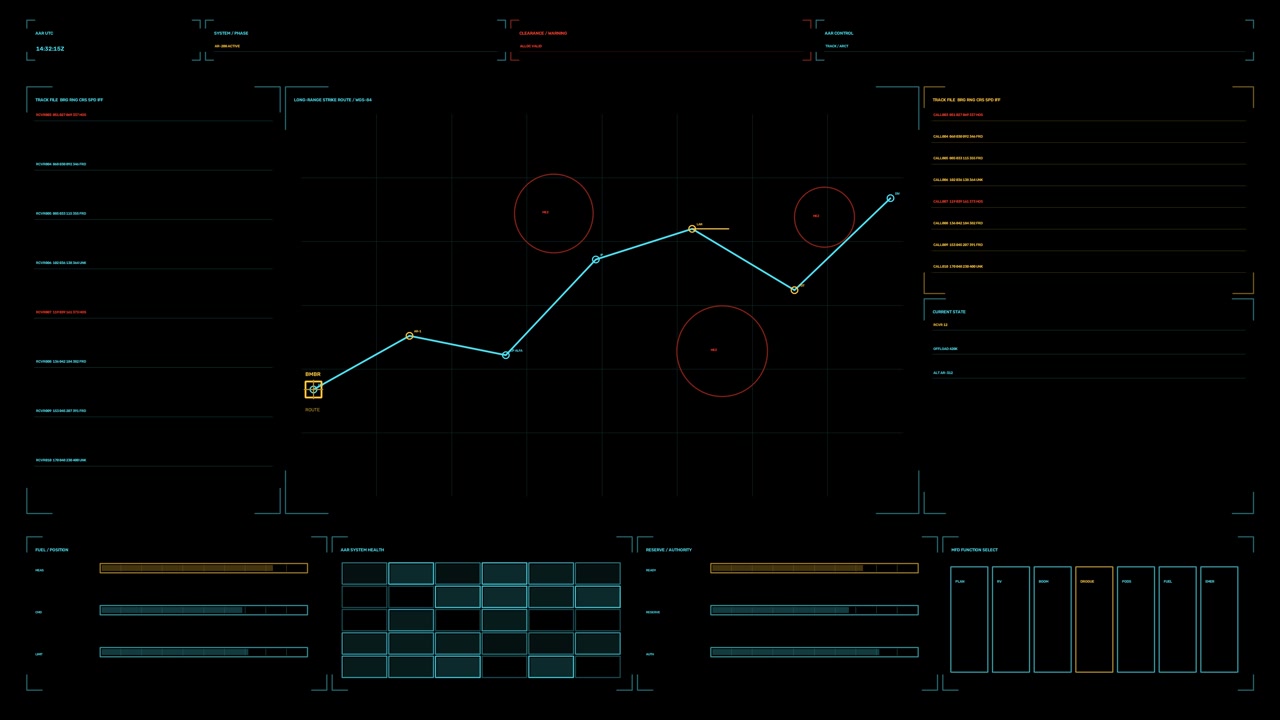 Military targeting HUD for war documentary graphics, with a cyan route map, grid, circular hazard zones, telemetry panels, and amber warnings on black. Animation loops seamlessly