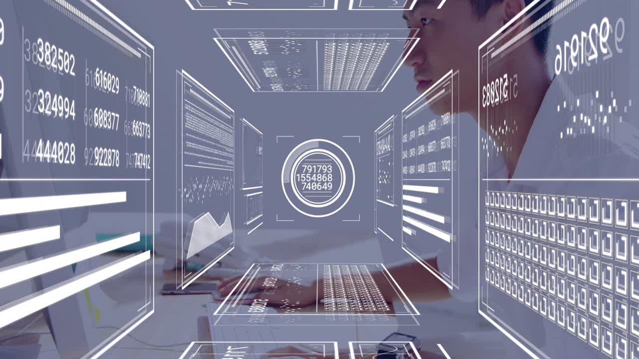data analyst typing at desk in high-tech office workspace, with floating graphs, charts, numbers