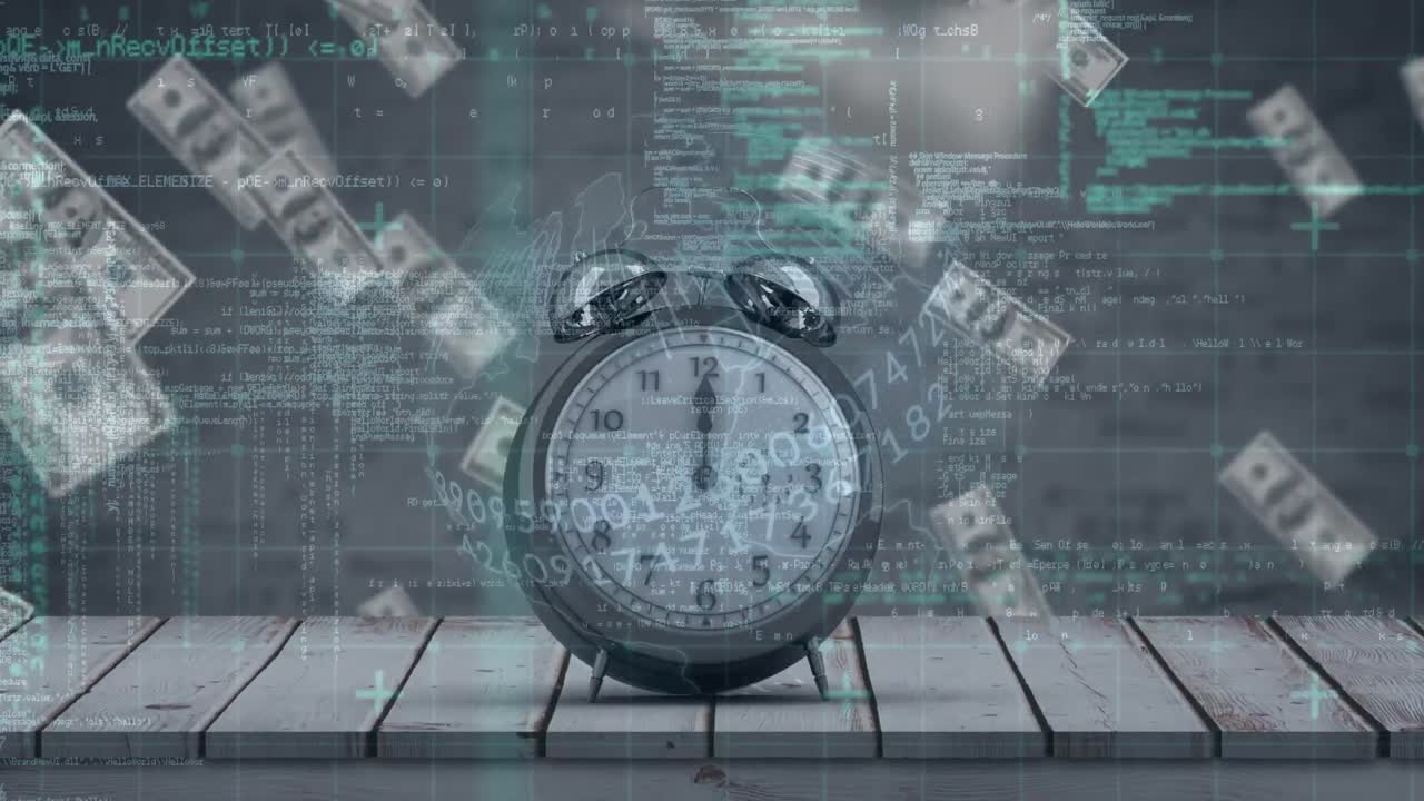 Animation of data processing over clock and banknotes