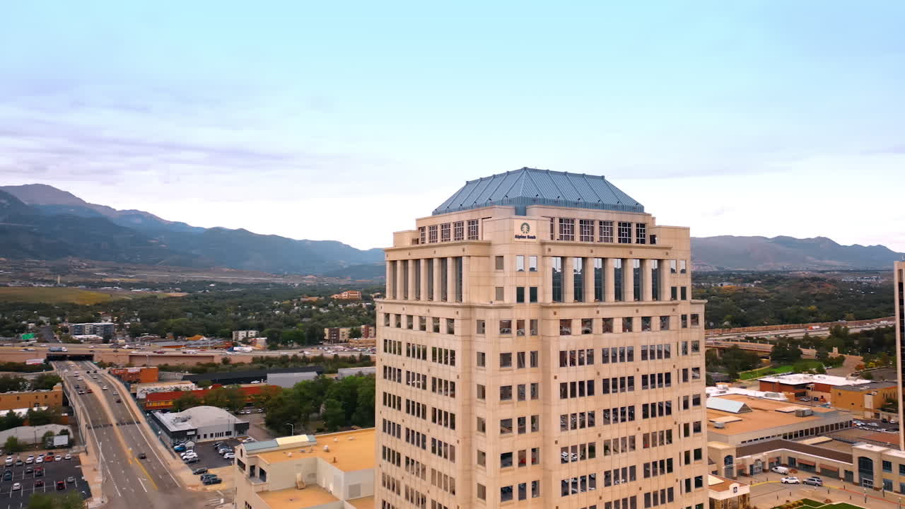Colorado Springs, USA, 22 July 2025: Footage around Wells Cargo Tower in South Cascade Avenue. Aerial view on the highest building in Colorado Springs, Colorado, USA