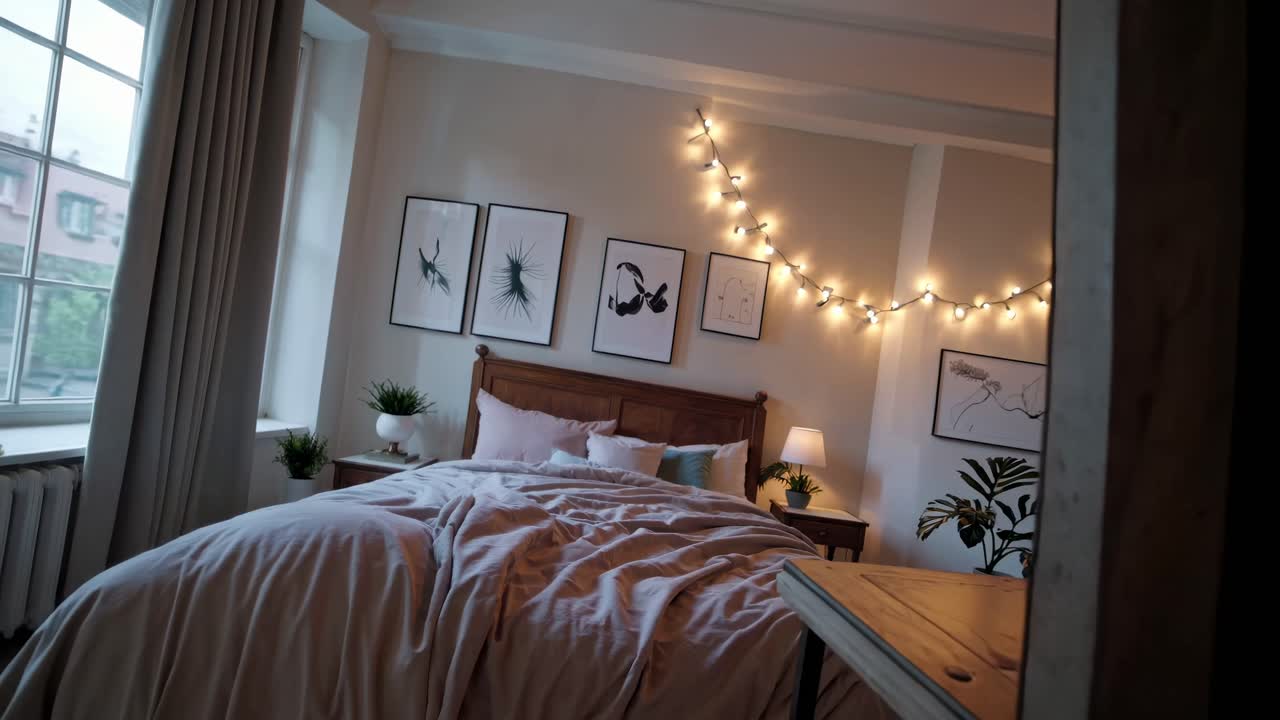 Cozy bedroom with string lights and framed art, captured from a low angle