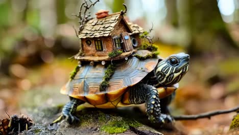 a turtle sitting on top of a tree stump with a house on its back