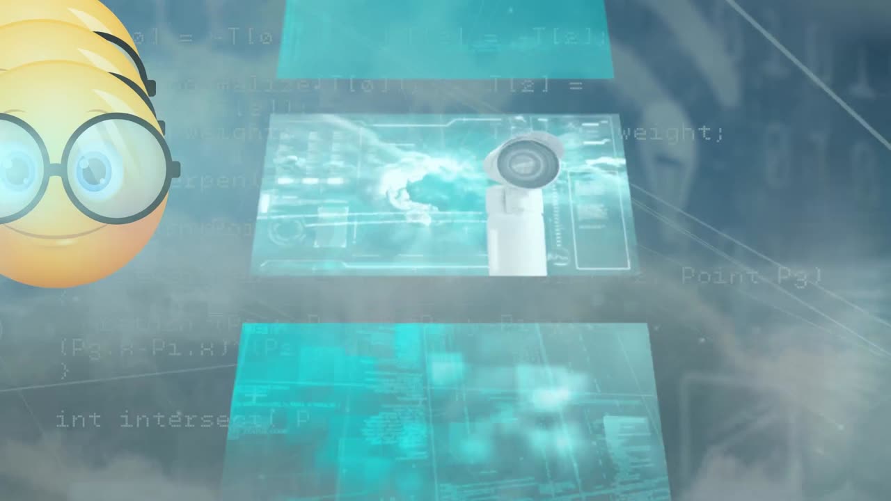 animación de emoticones sobre pantallas con diversos datos en movimiento