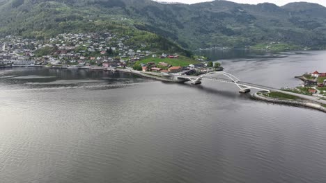 sogndal bridge aerial with traffic - approaching bridge crossing sogndalsfjord