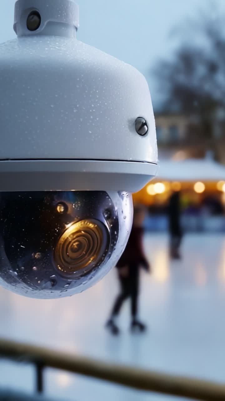 Surveillance Camera Capturing Activity on Ice Rink, Dotted with Raindrops, as Enchanting Lights Highlight the Background During a Winter Scene